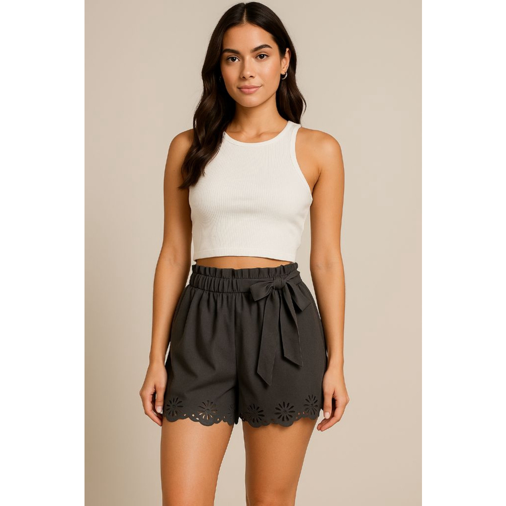 Paperbag Waist Laser Cut Hem Belted Shorts – Size XL (10/12)